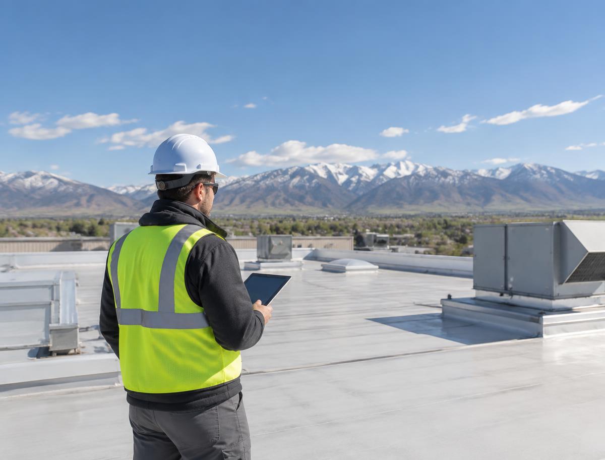 Commercial roof inspection in Northern Utah with mountain views