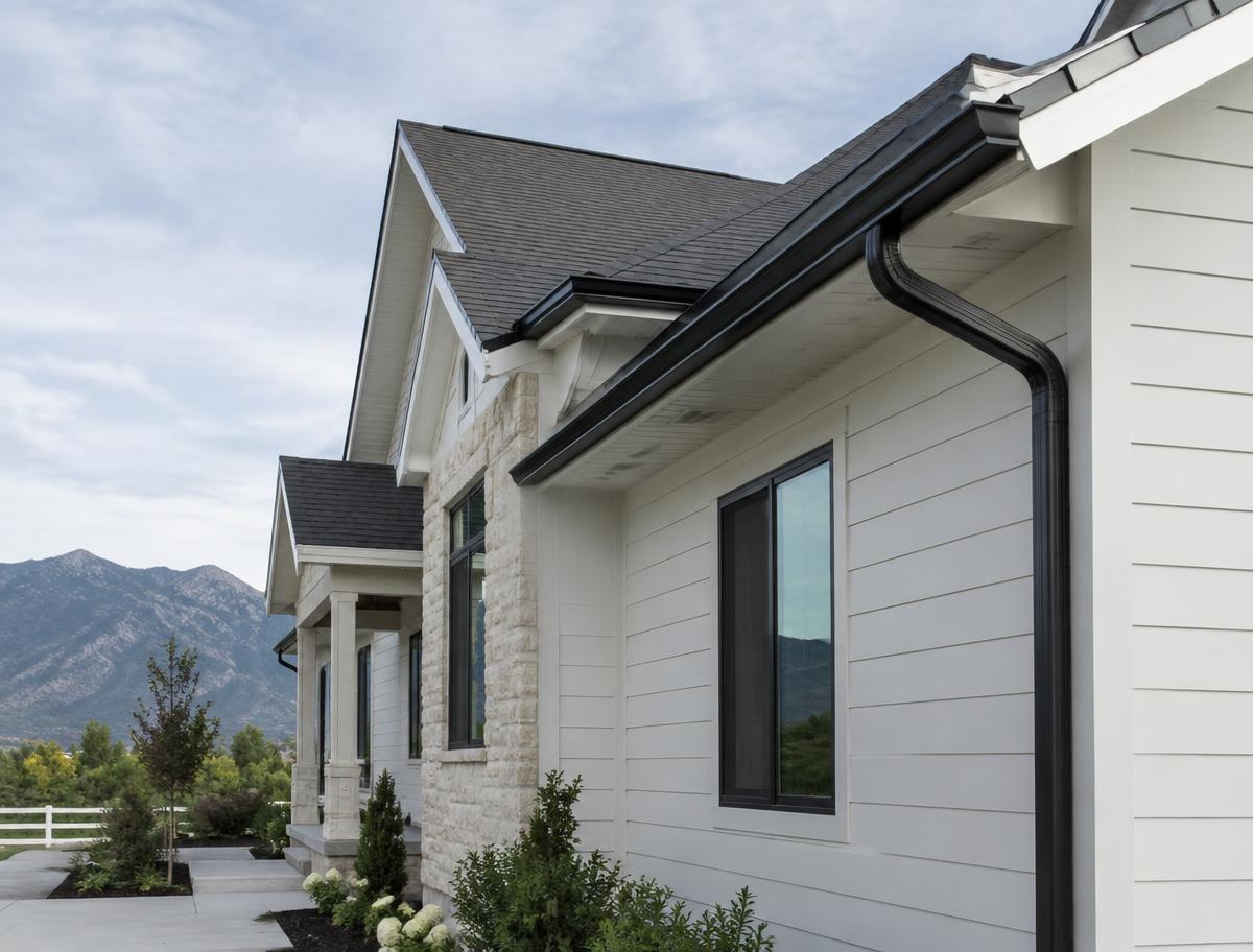 Black gutter system installed on a Northern Utah home