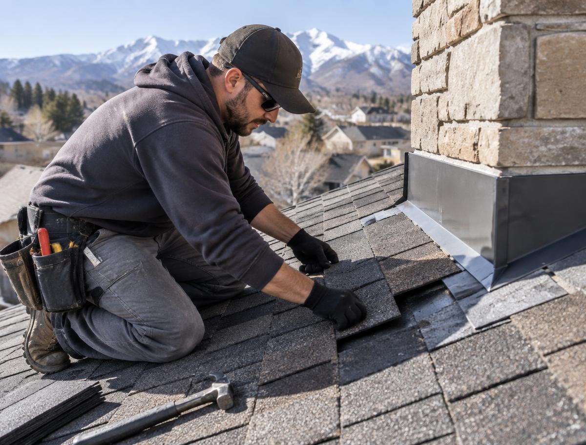 Roofing professional repairing shingles near roof flashing